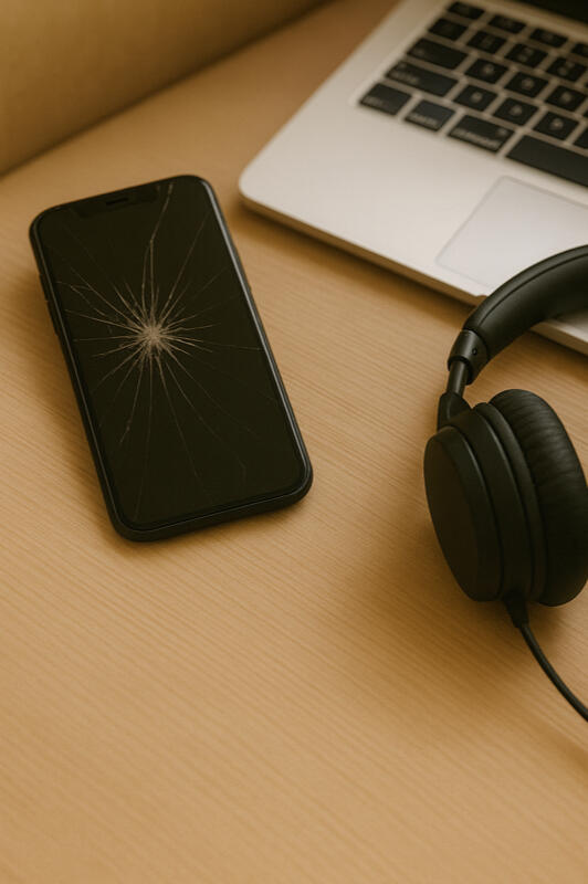 Kaputtes Smartphone neben Laptop und Kopfhörern
