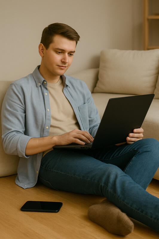 Beschädigter Laptop auf Sofa – Beispiel aus dem Alltag